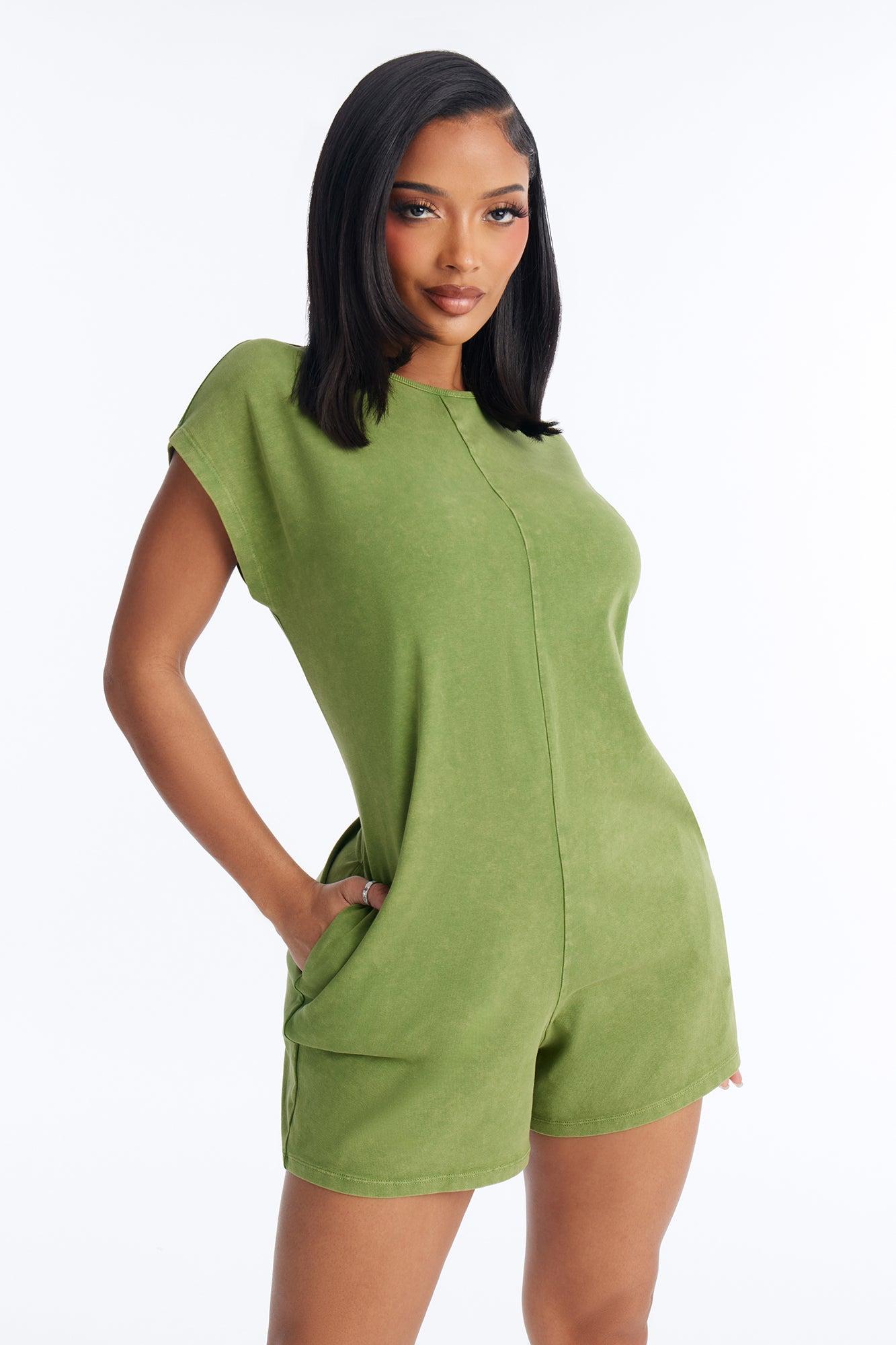 The Washed Cap Sleeve Romper - Sage Female Product Image