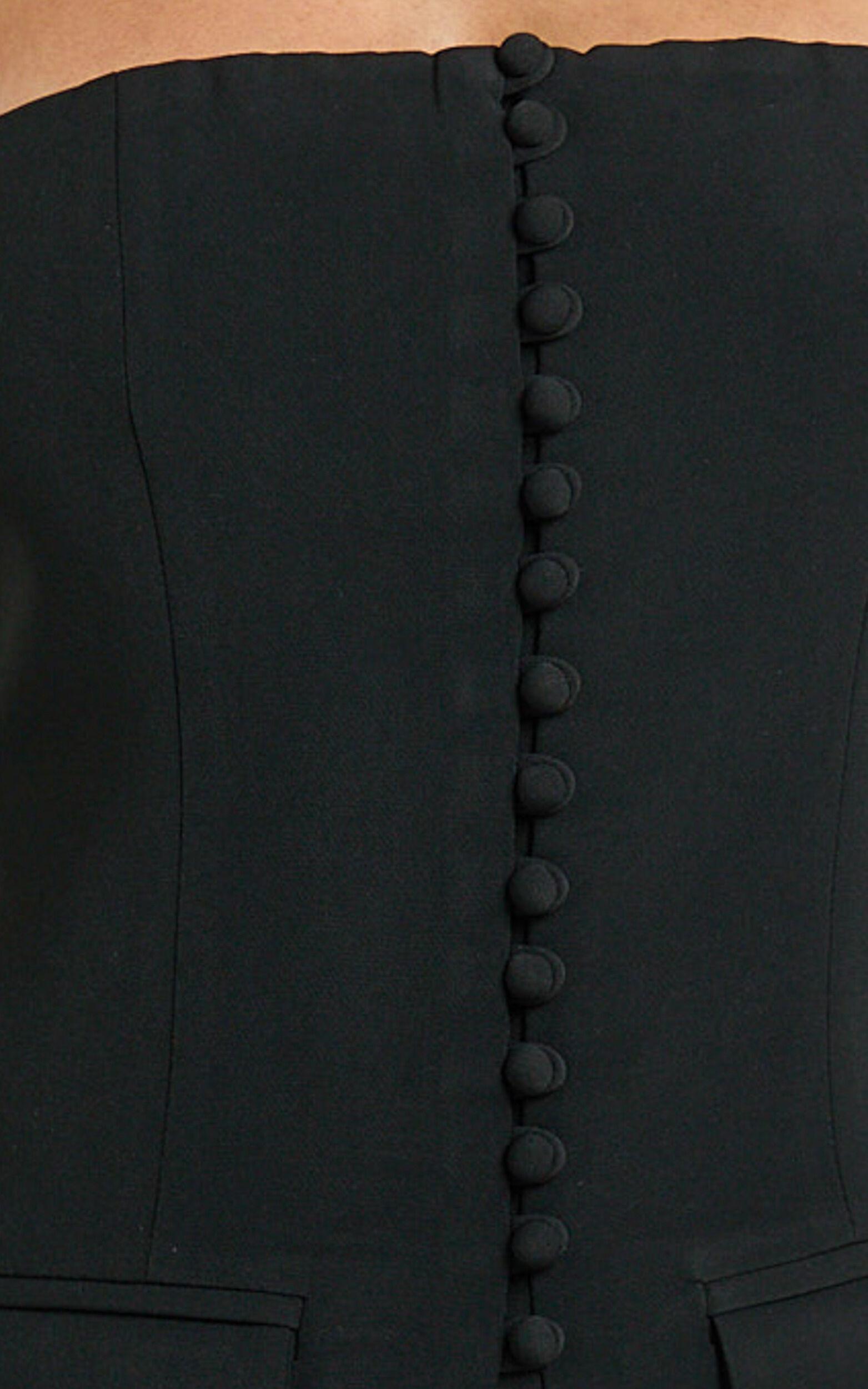 Monroe Two Piece Set - Strapless Button Down Longline Vest Top and High Waisted Mini Skirt in Black Product Image