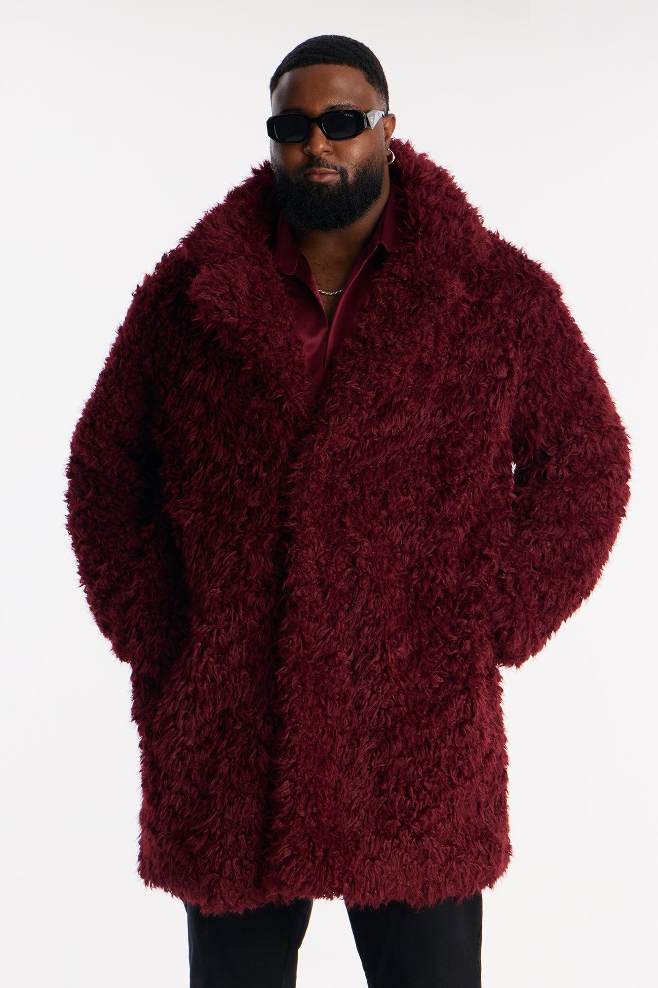 Textured Limitless Faux Fur Car Coat - Burgundy Male Product Image