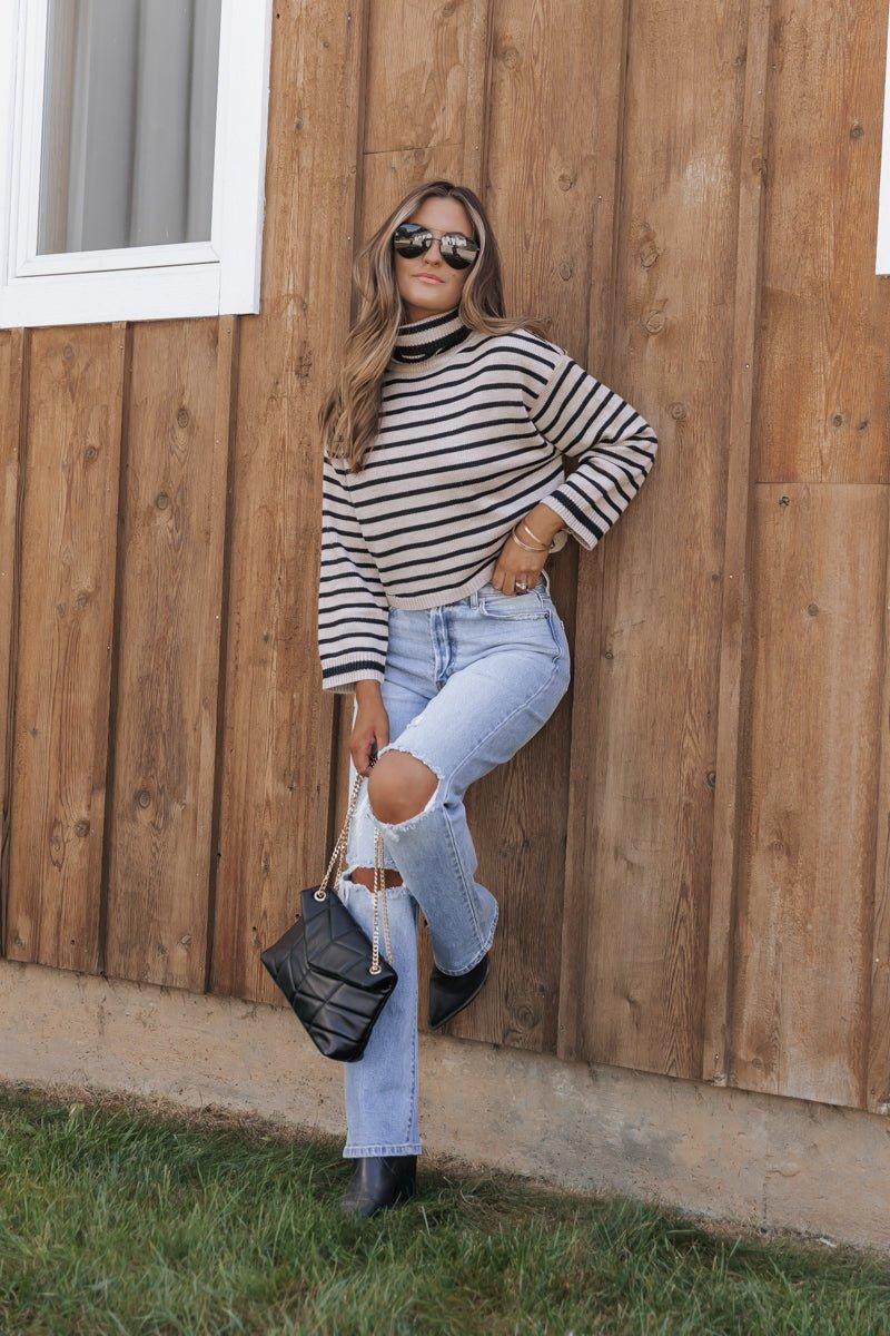 Mocha Striped Long Sleeve Turtleneck Sweater - FINAL SALE Product Image