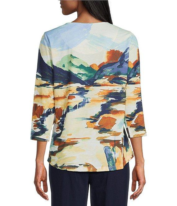 Allison Daley Petite Size Deep Forest Autumn Prairie Print 3/4 Ruched Sleeve Crew Neck Knit Top Product Image