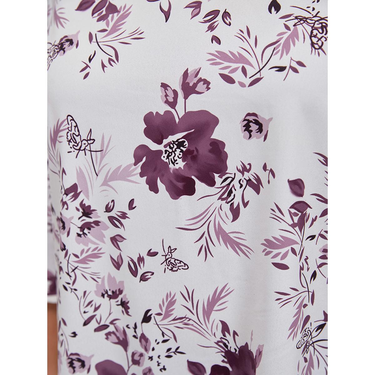 Plus Size Multicolor Floral Print Bell Sleeve Crew Neck Blouse Women Elegant Elbow-length sleeve Round Neck Dailywear Blouses BloomChic 10/M Product Image