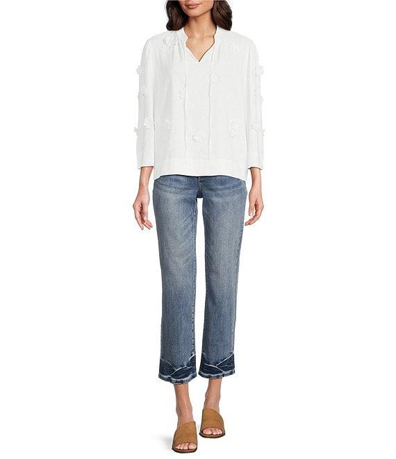 Tru Luxe Jeans Linen Blend Split Crew Neck 3/4 Sleeve Applique Flowers Blouse Product Image