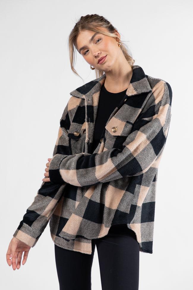 Wind Down Black and Tan Fleece Plaid Shacket FINAL SALE Product Image