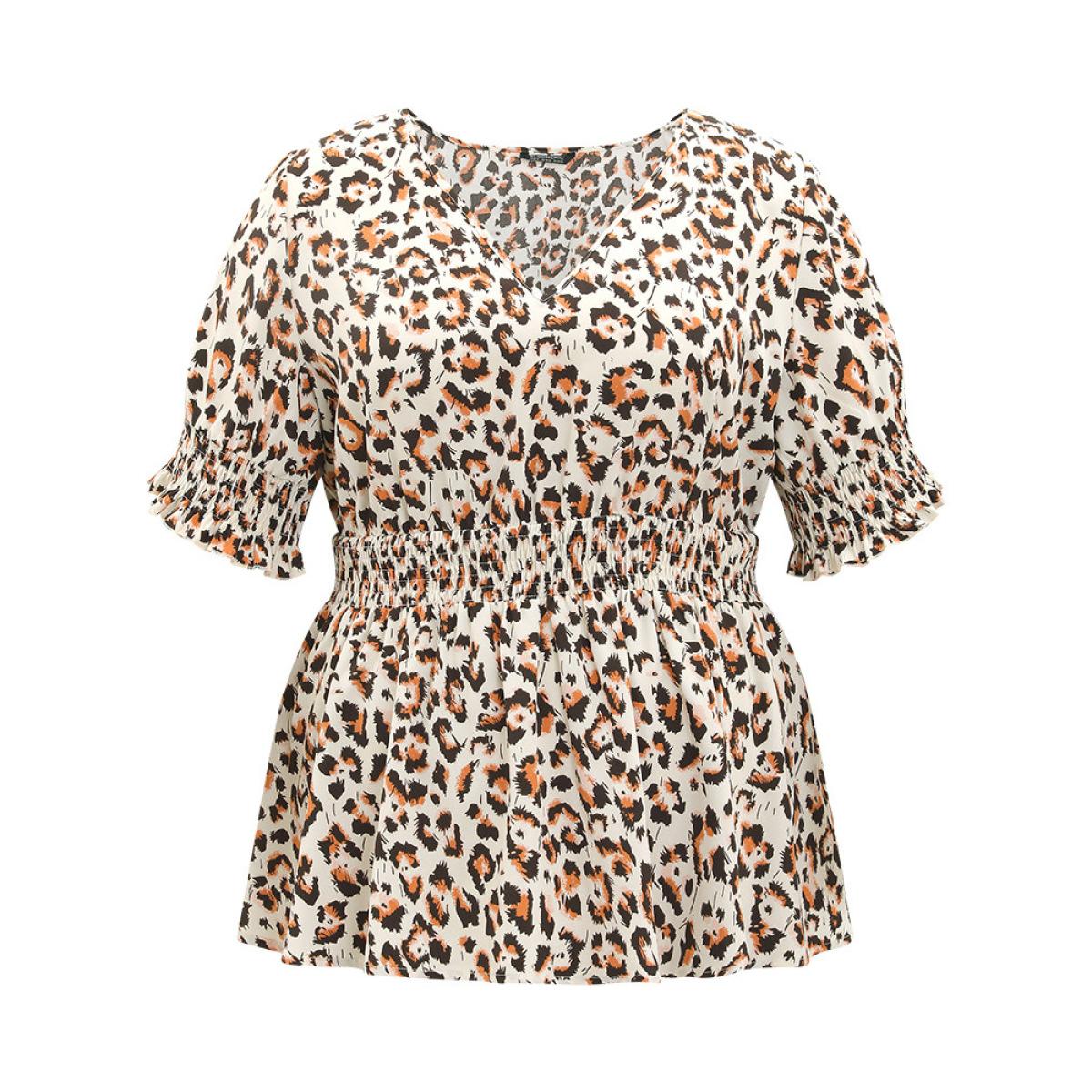Plus Size Beige Leopard Print Shirred Puff Sleeve Ruffle Sleeve Blouse Women Glamour Short sleeve V-neck Going out Blouses BloomChic 10/M Product Image