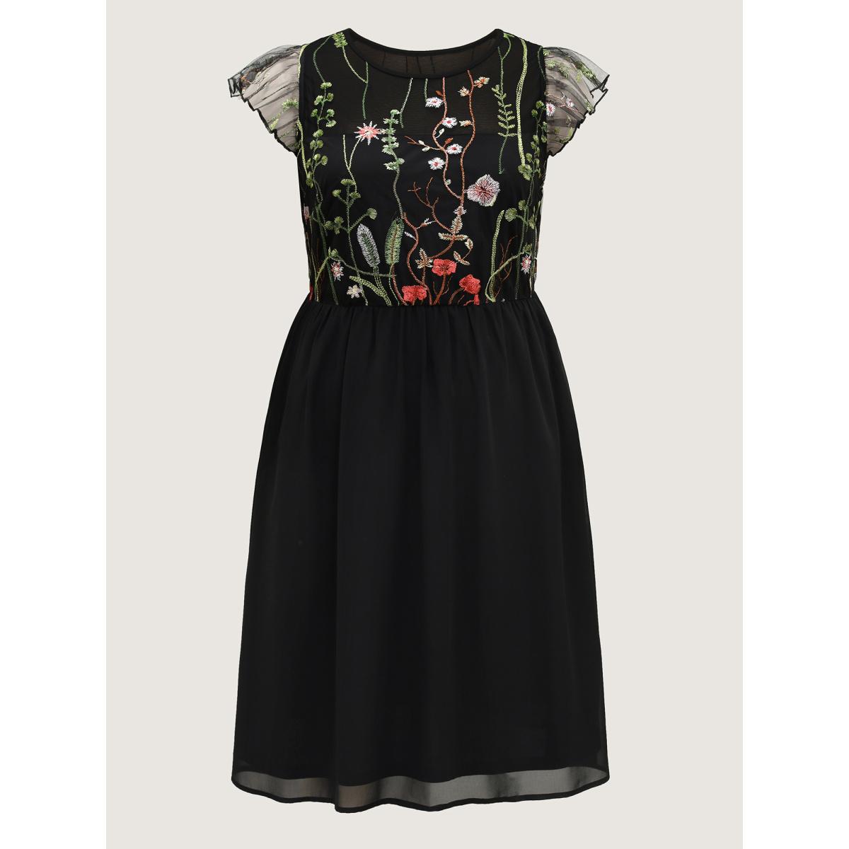 Plus Size Mesh Floral Embroidery Midi Dress Black Women Round Neck Cap Sleeve Curvy BloomChic 18-20/2X Product Image