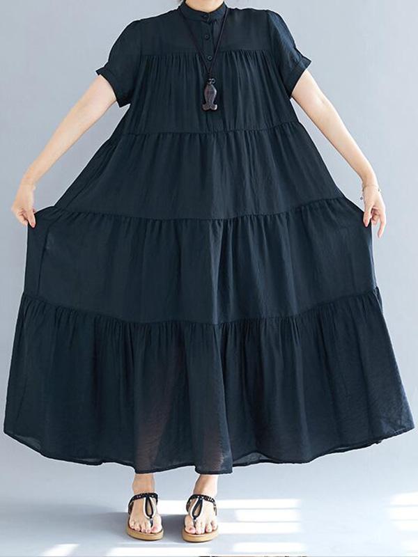 Vintage Loose Split-Joint Pleated Short Sleeves Round-Neck Midi Dress Product Image