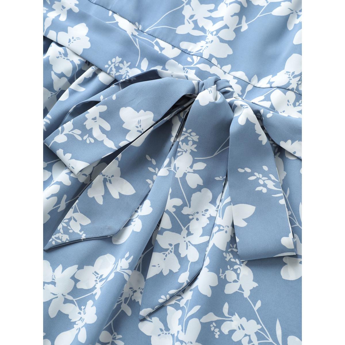 Plus Size Silhouette Floral Print Patchwork Elastic Waist Dress LightBlue Women Elegant Non V-neck Short sleeve Curvy Midi Dress BloomChic 18-20/2X Product Image