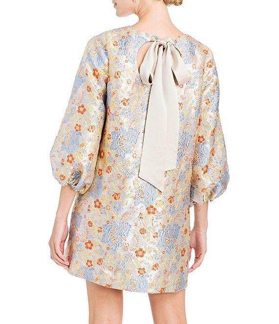 Mestiza New York Rosana Metallic Jacquard Floral Print Boat Neck 3/4 Balloon Sleeve Back Tie Mini Dress Product Image