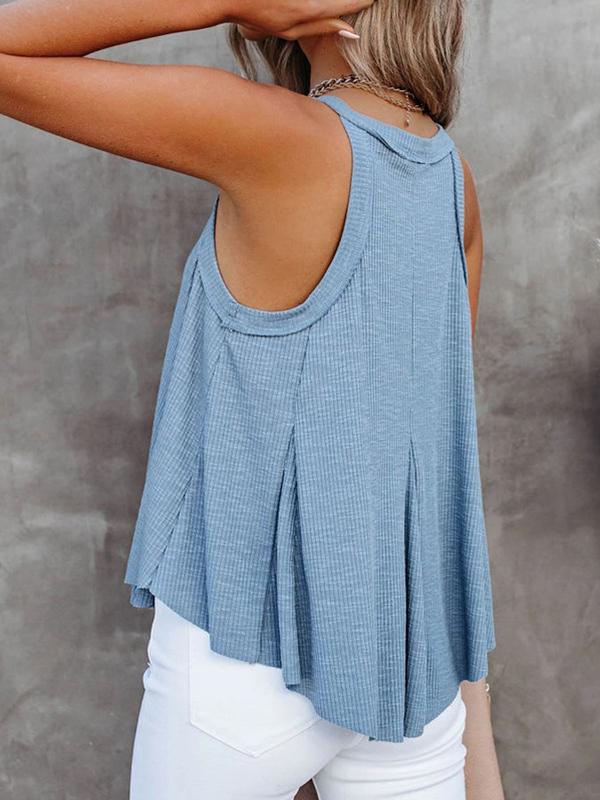 Loose Sleeveless Pleated Solid Color V-Neck Vest Top Product Image