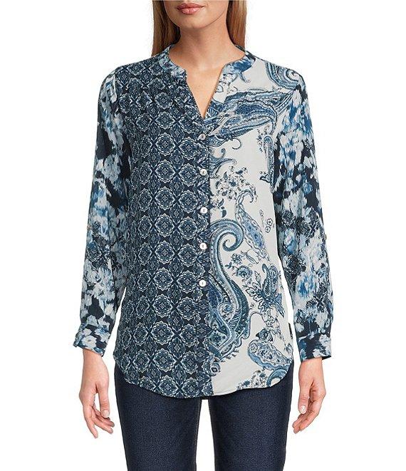 Figueroa & Flower Woven Printed Mandarin Collar Long Roll-Tab Sleeve Tie Front Blouse Product Image