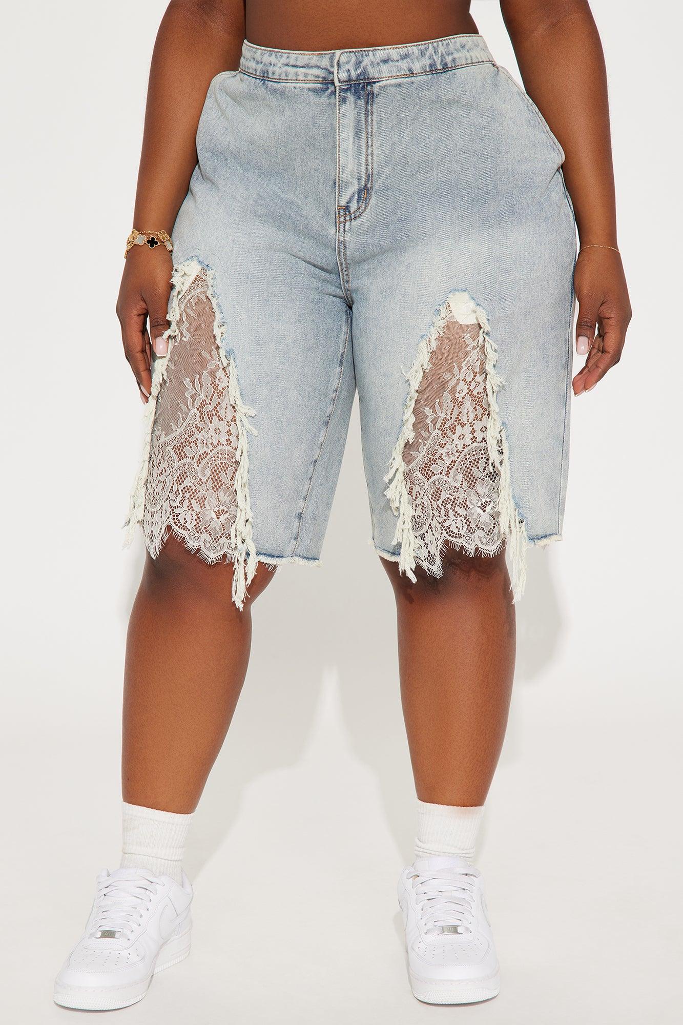 The Way It Goes Lace Detail Denim Jorts - Light Wash Product Image