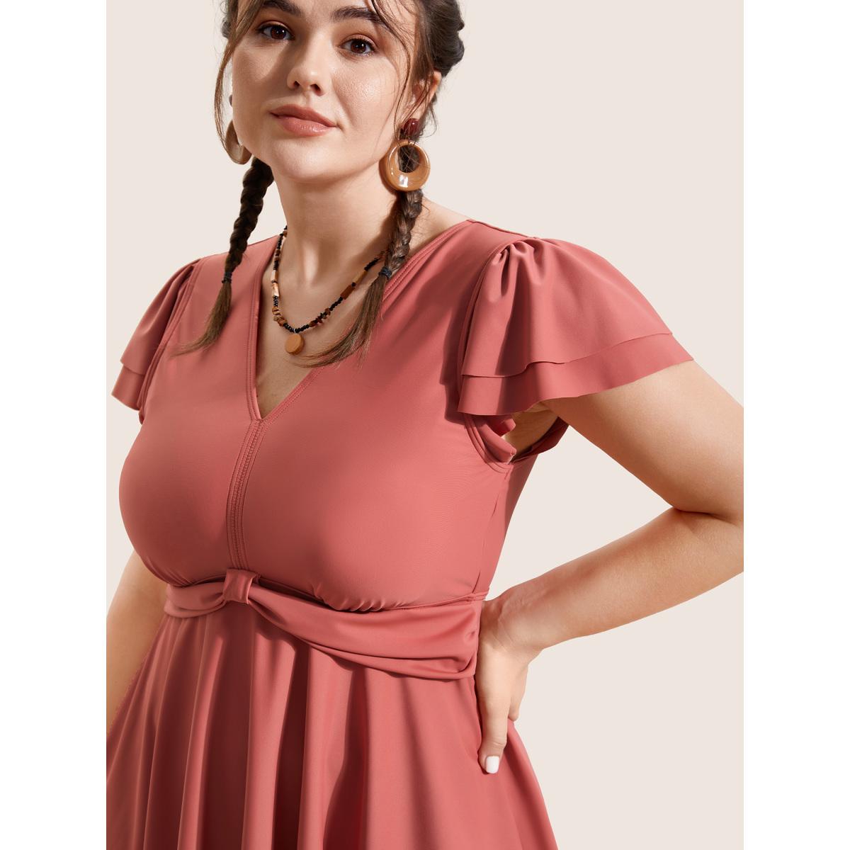 Plus Size Solid Gathered Tiered Ruffle Sleeve Swim Dress Women's Swimwear Rust Beach Bodycon V-neck High stretch Curve Swim Dresses BloomChic 14-16/1X Product Image