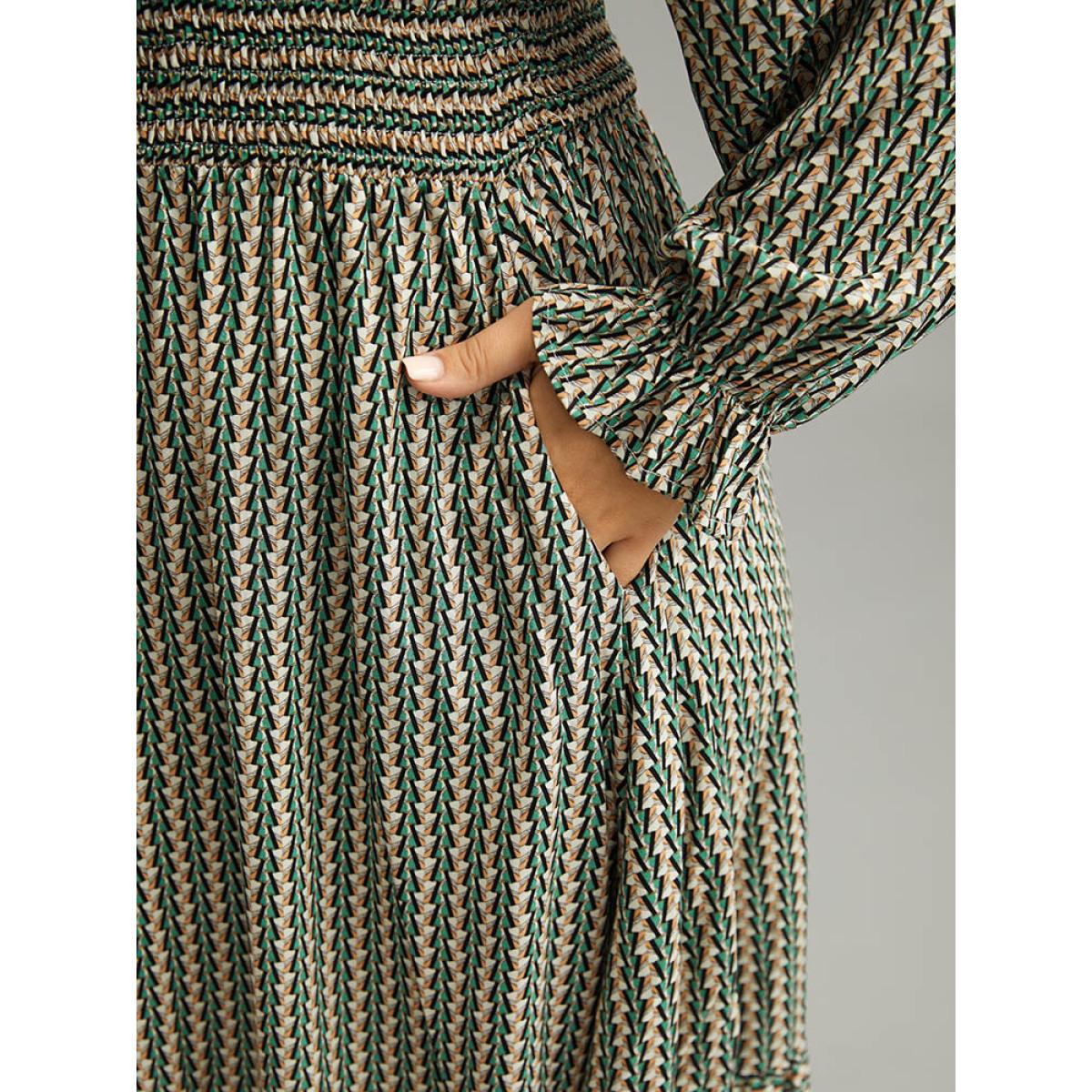 Plus Size Striped Geometric Bowknot Keyhole Shirred Dress Mint Women Work From Home Cross straps Shirt collar Long Sleeve Curvy Midi Dress BloomChic 26/4X Product Image