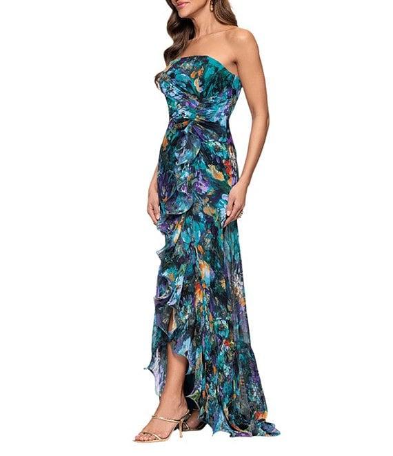 Xscape Petite Size Strapless Floral Print Ruffle Maxi Gown Product Image