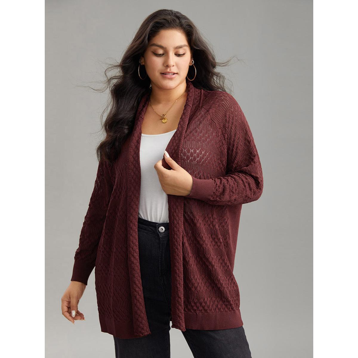 Plus Size Solid Geometric Hollow Out Cardigan Russet Women Casual Loose Long Sleeve Dailywear Cardigans BloomChic 22-24/3X Product Image