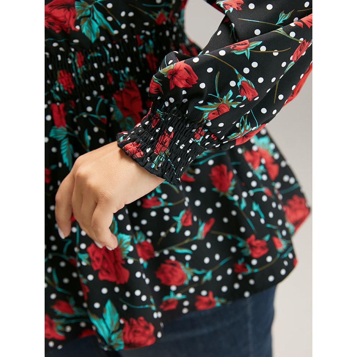 Plus Size BlackFlower Rose Print Shirred Frill Trim Lantern Sleeve Blouse Women Elegant Long Sleeve Round Neck Dailywear Blouses BloomChic 10/M Product Image
