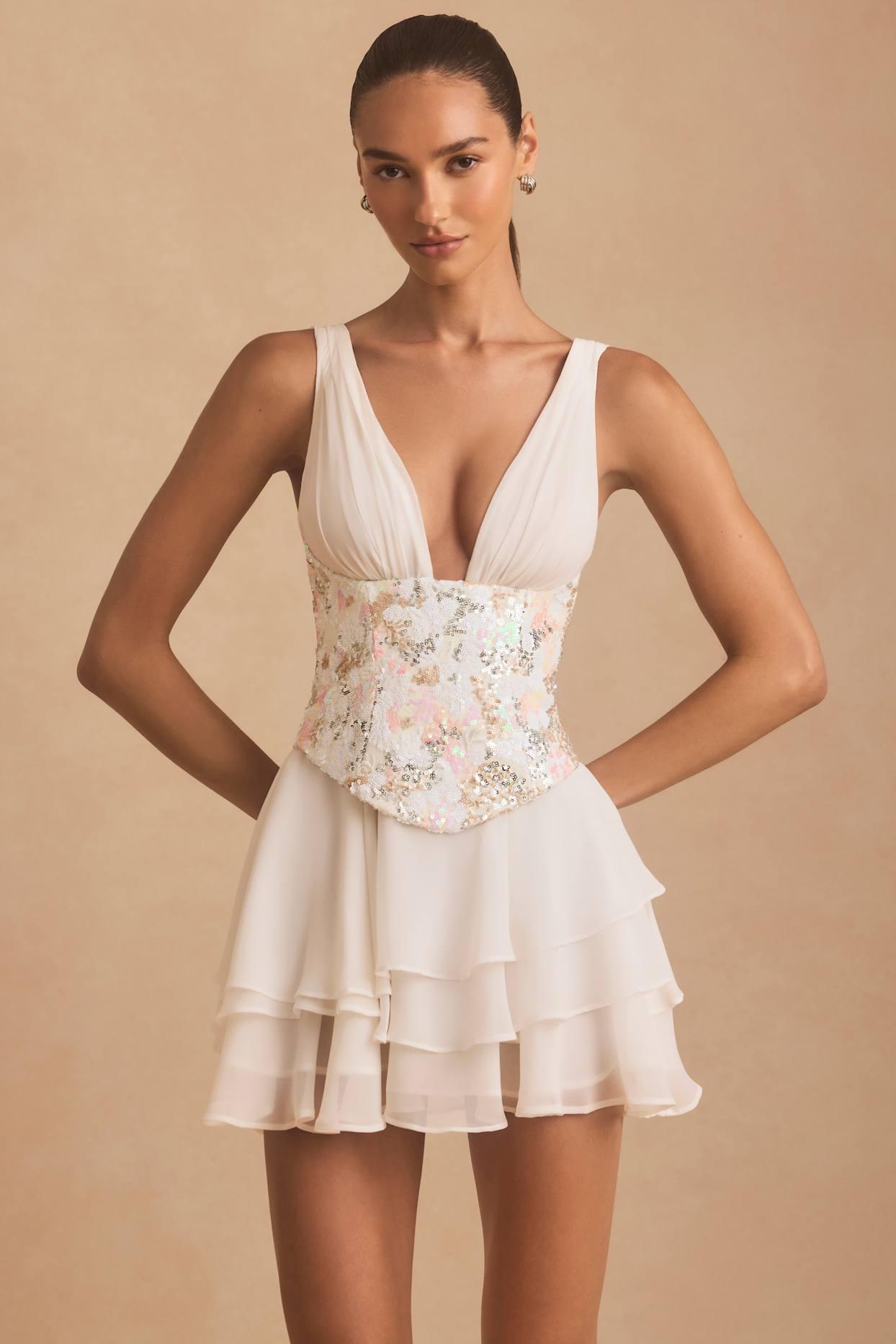 Embellished Ruffled Corset Mini Dress in Ivory Product Image