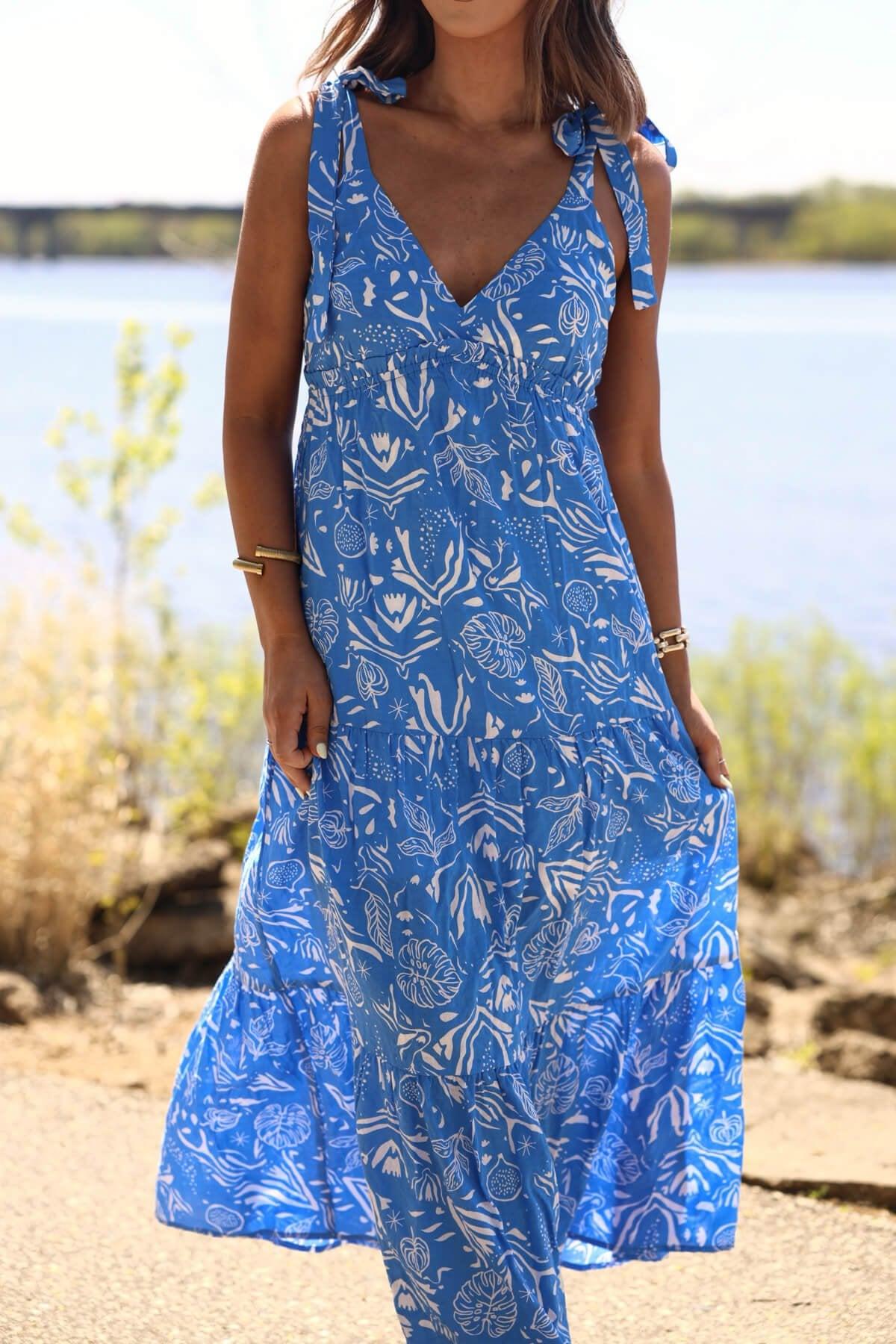 Blue and White Print Tiered Maxi Dress - DOORBUSTER Product Image