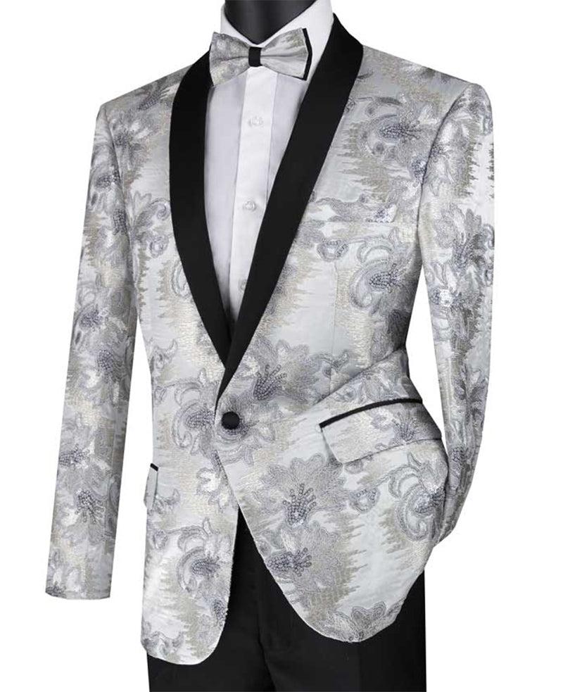 Silver Embroidery Slim Fit Jacket Shawl Lapel with Bow Tie Product Image