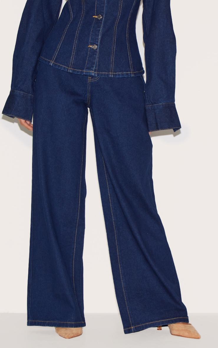 Indigo Contrast Stitch Mid Waist Wide Leg Jeans Product Image