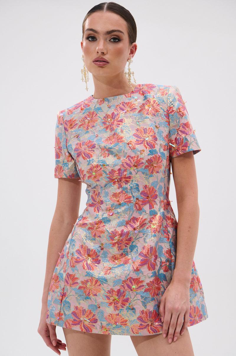 PRETTY IN PINK BROCADE BEADED MINI DRESS Product Image