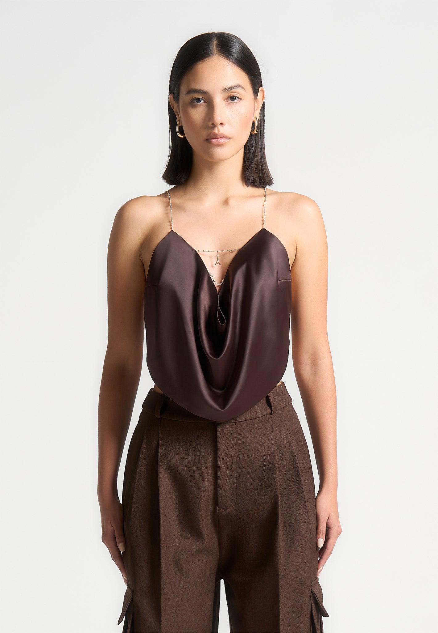 Satin Cowl Neck Top with Chain Detail - Brown Female Product Image