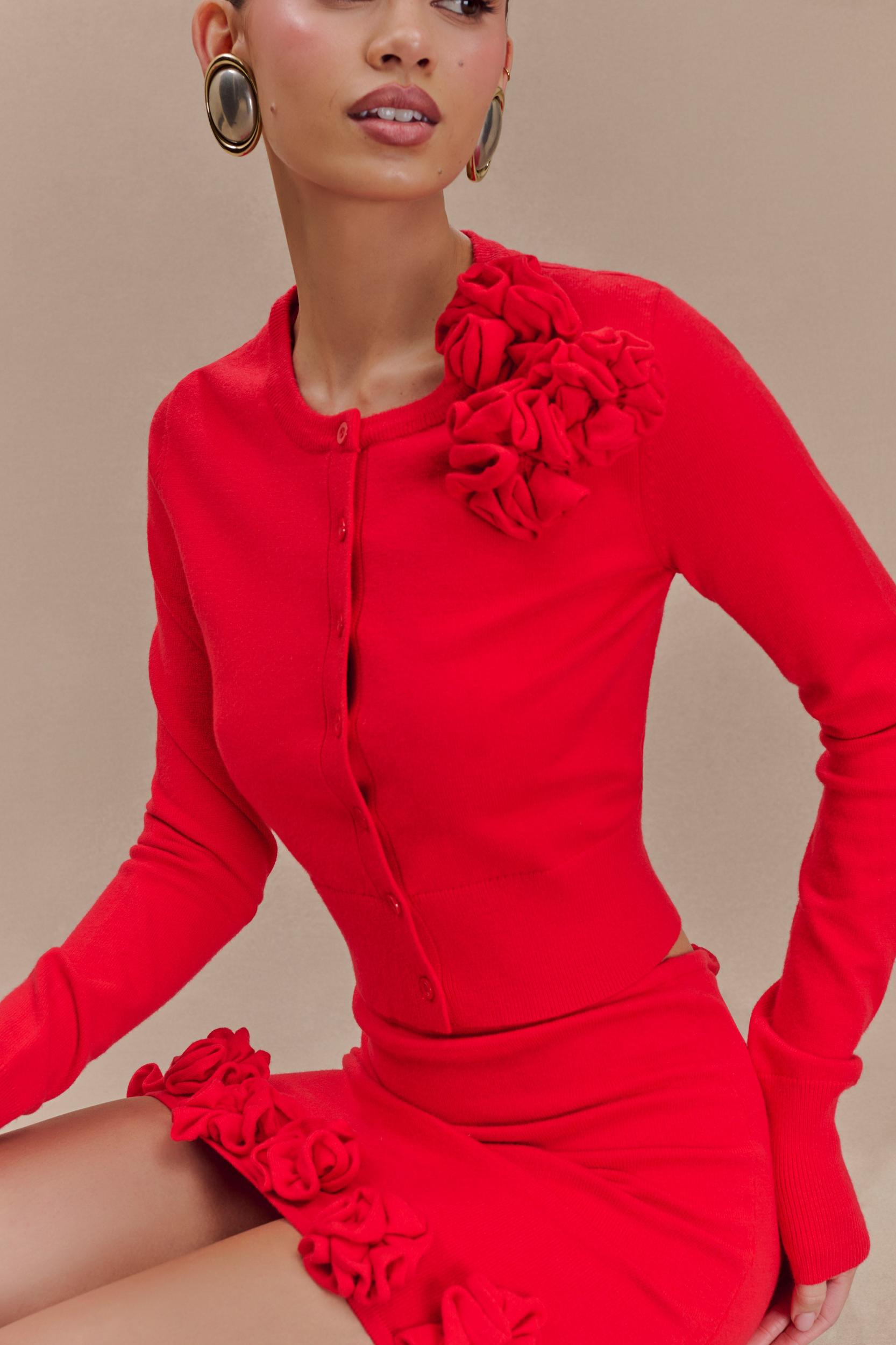 Gianna Knit Cardigan With Flowers - Red Product Image