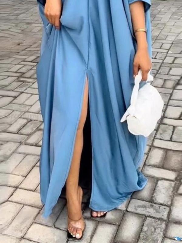 Batwing Sleeves Loose Solid Color Split-Front Split-Joint V-Neck Maxi Dresses Product Image