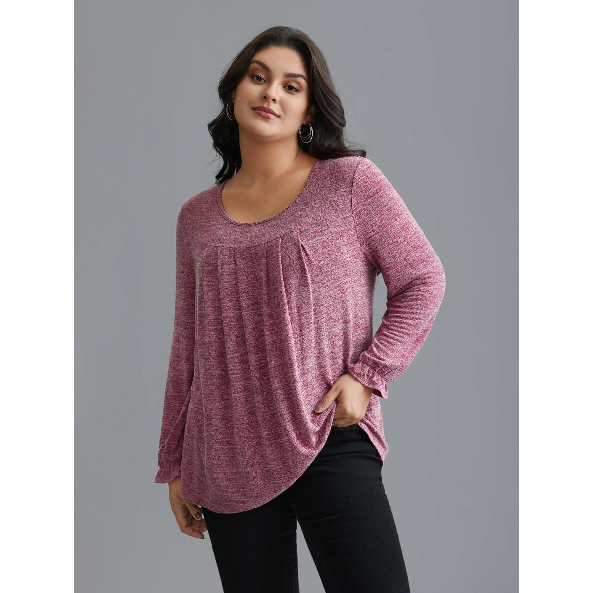 Plus Size Round Neck Heather Pleated T-shirt Rosered Women Leisure Pleated Round Neck Loose Casual T-shirts BloomChic 22-24/3X Product Image