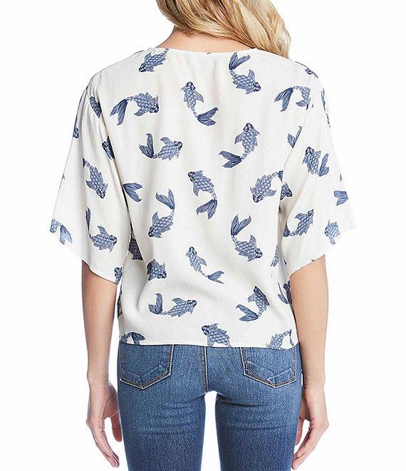 Karen Kane Fish Print V-Neck Short Flutter Sleeve Tie-Front Top Product Image