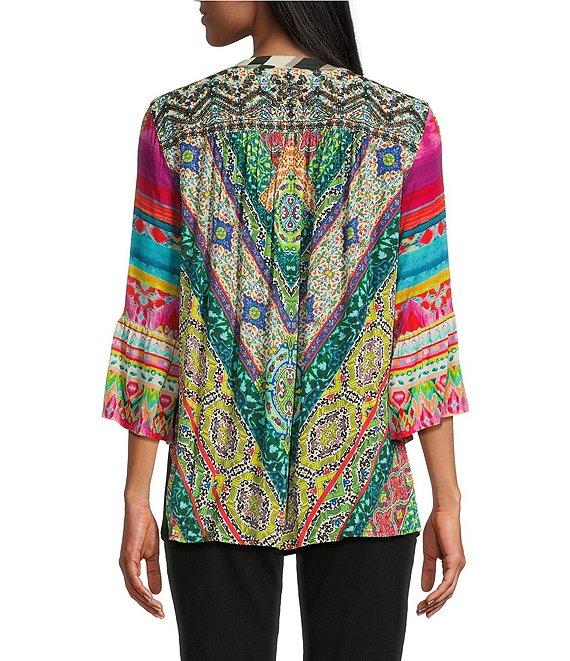 John Mark Embroidered Floral Y-Neck 3/4 Sleeve Tunic Product Image