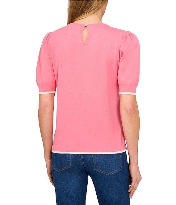 CeCe Knit Crew Neck Short Sleeve Contrast Piping Sweater Product Image