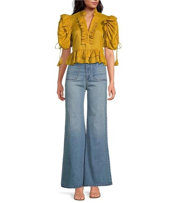 A Loves A Woven Ruffle Split V-Neck Short Bubble Sleeve Cropped Flounce Blouse Product Image