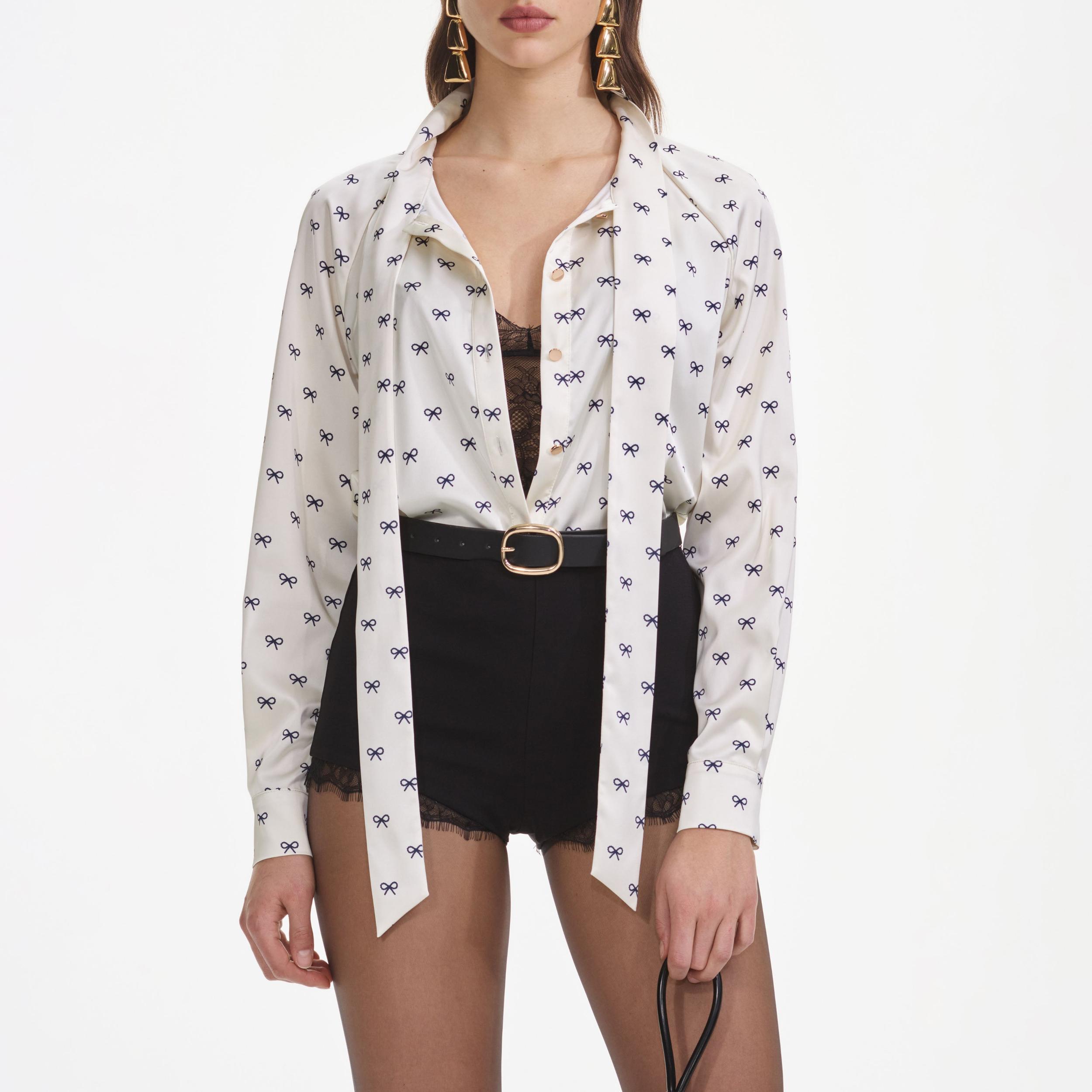Cream Satin Bow Print Blouse Product Image