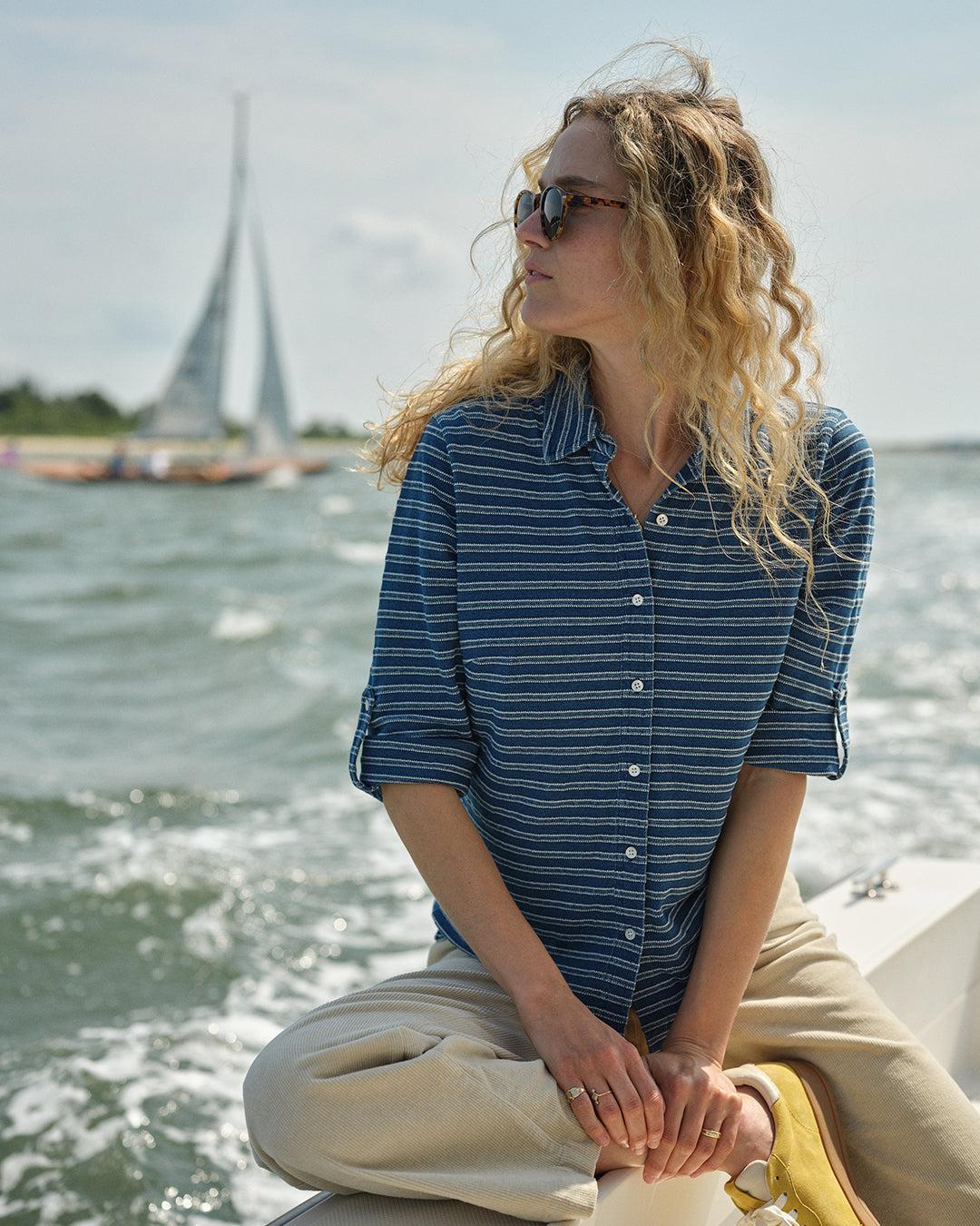 Avalon Indigo Knit Top in Mid-Wash Jacquard Stripe Product Image