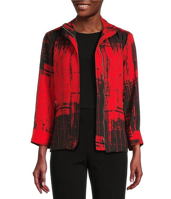 Ali Miles Abstract Print Soft Collar 3/4 Sleeve Zip-Up Jacket Product Image