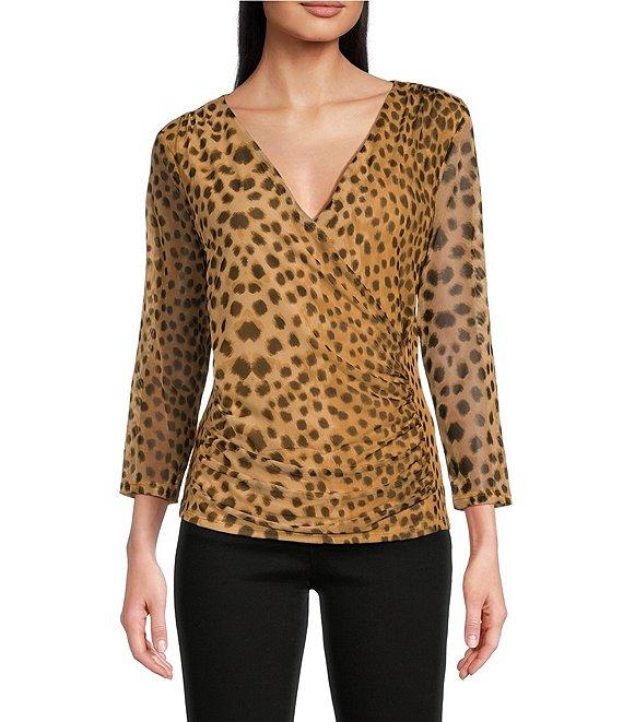 DKNY by Donna Karan Animal Printed Mesh 3/4 Sleeve Faux Wrap Top Product Image