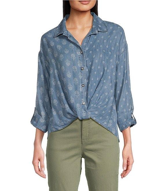 Tru Luxe Jeans Printed Chambray Point Collar Long Sleeve Twist Front Shirt Product Image