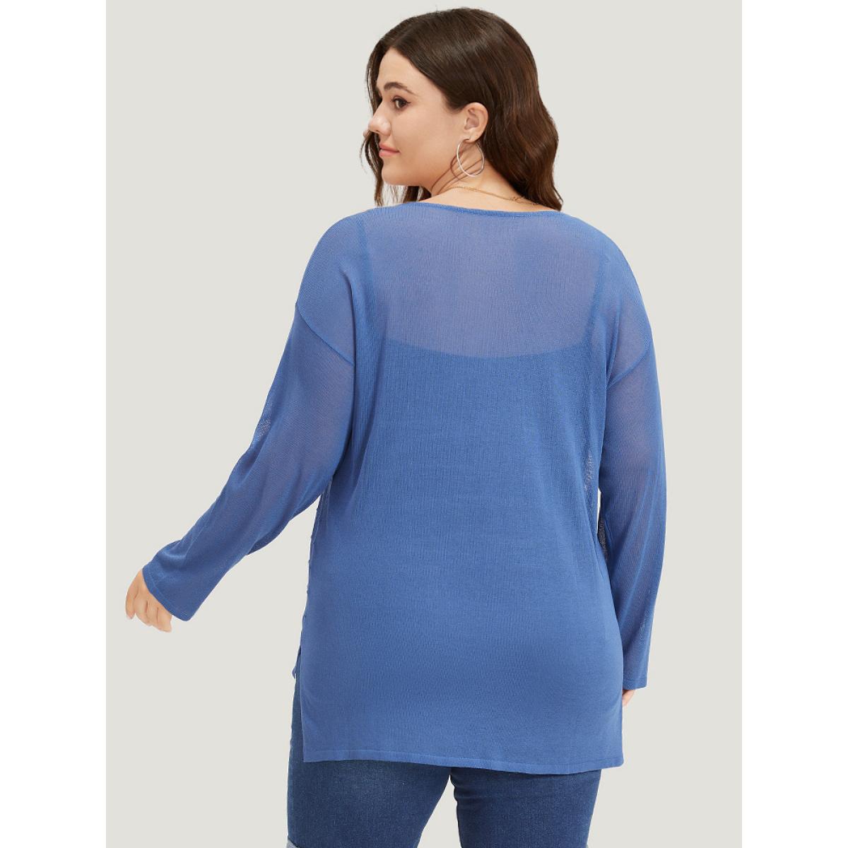 Plus Size Solid High Low Hem Drop Shoulder Split Side Pullover Cerulean Women Casual Loose Long Sleeve Round Neck Everyday Pullovers BloomChic 14-16/1X Product Image