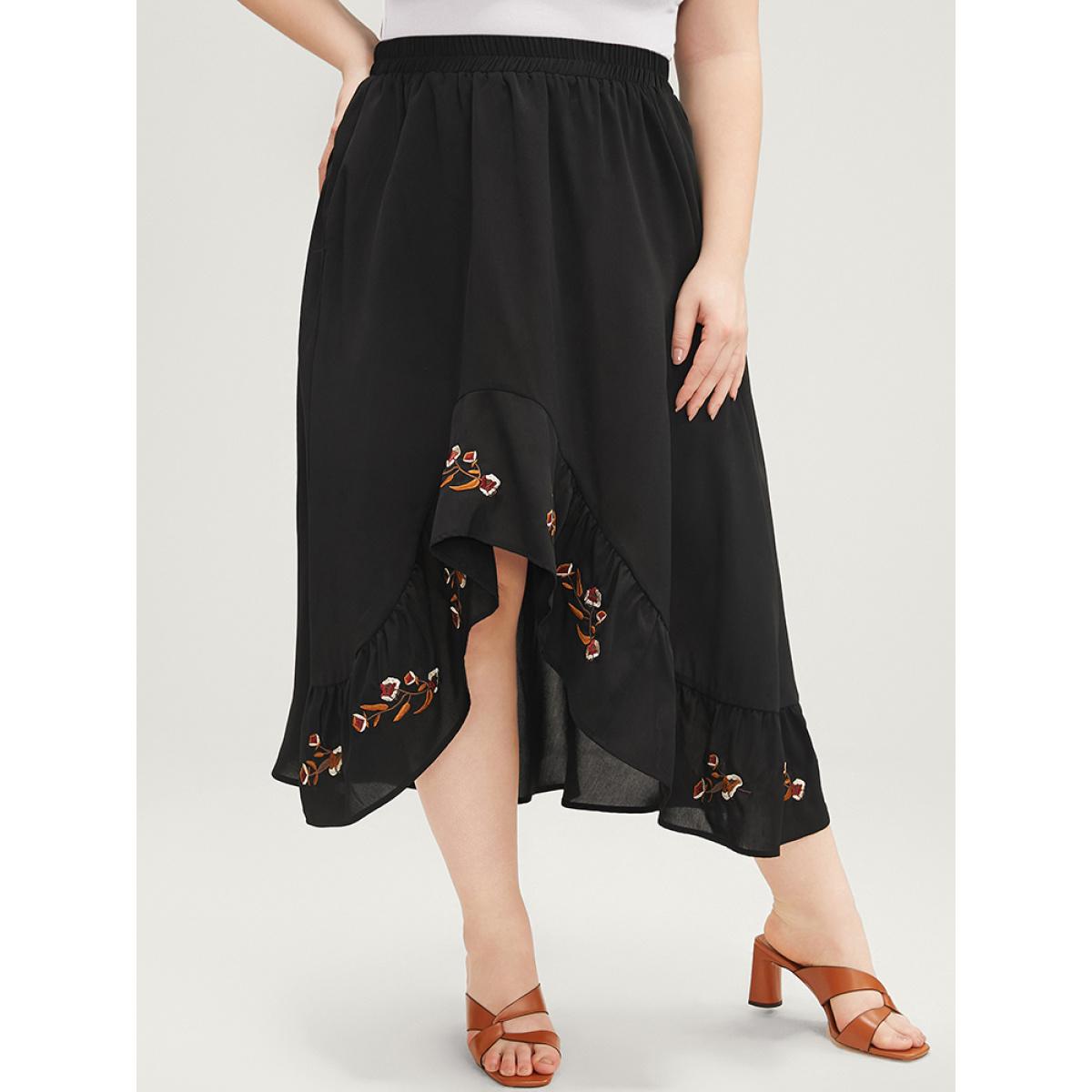 Plus Size Floral Embroidered Pocket Asymmetrical Hem Skirt Women Black Vacation Embroidered Loose No stretch Pocket Dailywear Skirts BloomChic 30/6X Product Image