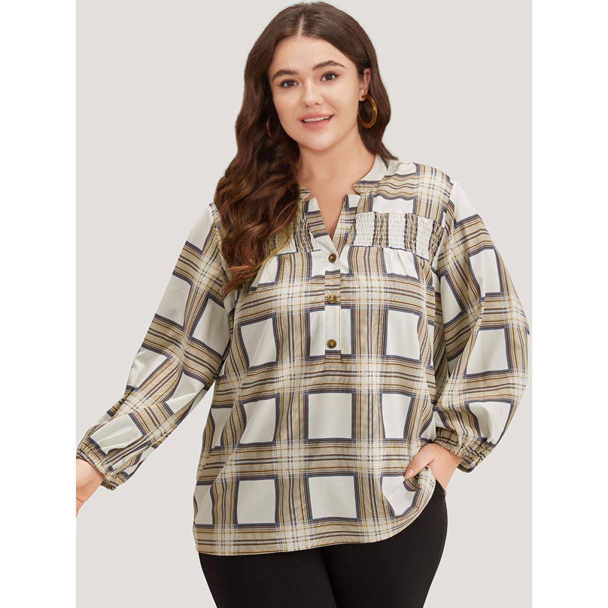 Plus Size Tan Plaid Shirred Notched Button Up Blouse Women Work From Home Long Sleeve V-neck Office Blouses BloomChic 28/5X Product Image