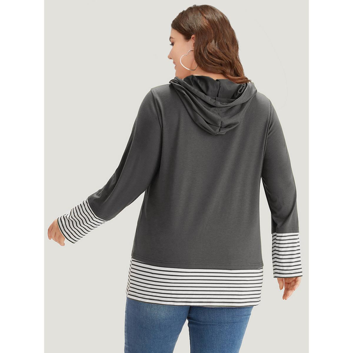 Plus Size Striped Patchwork Hooded Drawstring T-shirt Russet Women Casual Patchwork Striped Hooded Dailywear T-shirts BloomChic 26/4X Product Image