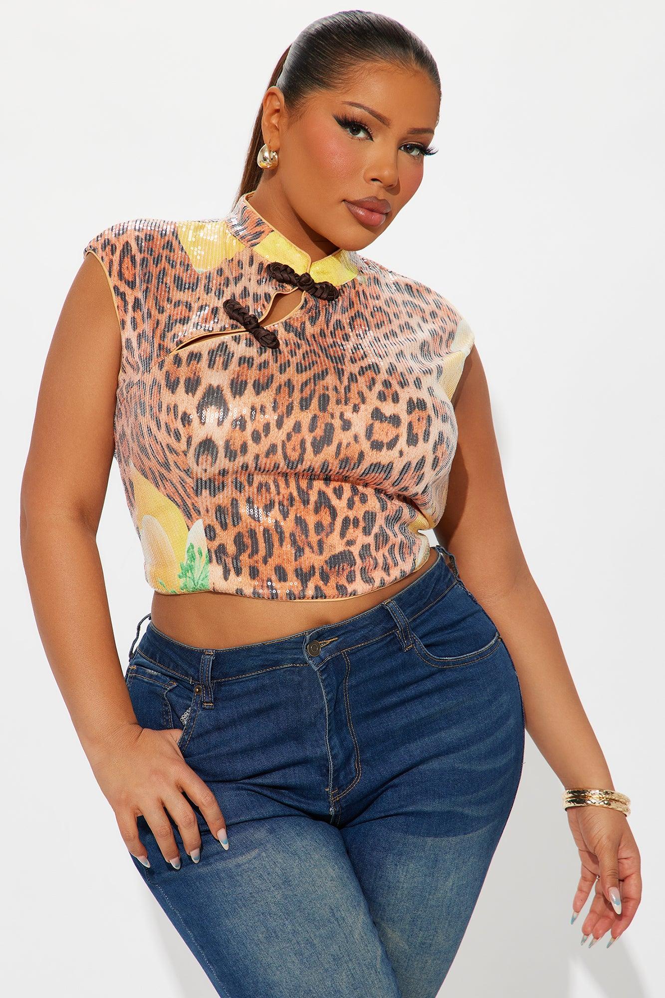 Force Of Nature Leopard Sequin Mock Neck Top - Leopard Female Product Image