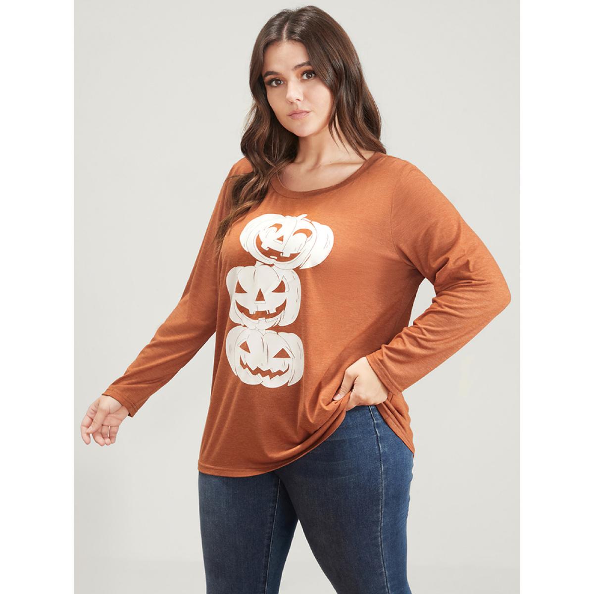 Plus Size Pumpkin Print Long Tee Chocolate Women Casual Printed Graphic-Halloween Round Neck Dailywear T-shirts BloomChic 14-16/1X Product Image