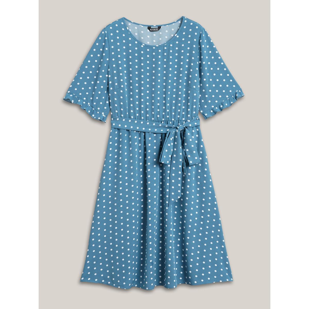 Plus Size Polka Dot Print Belted Stretchy Midi Dress Cerulean Women Elegant Belted Round Neck Half Sleeve Curvy BloomChic 28/5X Product Image