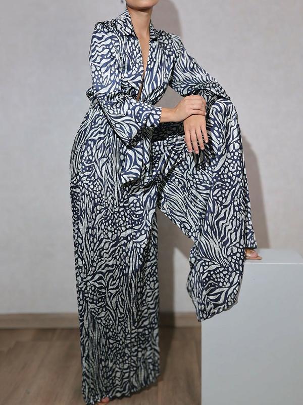 Loose Puff Sleeves Pleated Printed Split-Joint Deep V-Neck Jumpsuits Product Image