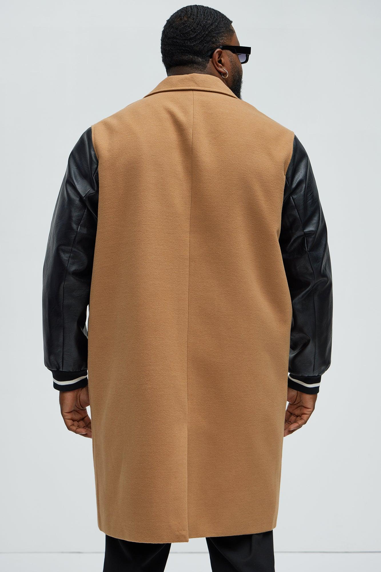 Skull Faux Leather Sleeves Long Coat - Tan Product Image