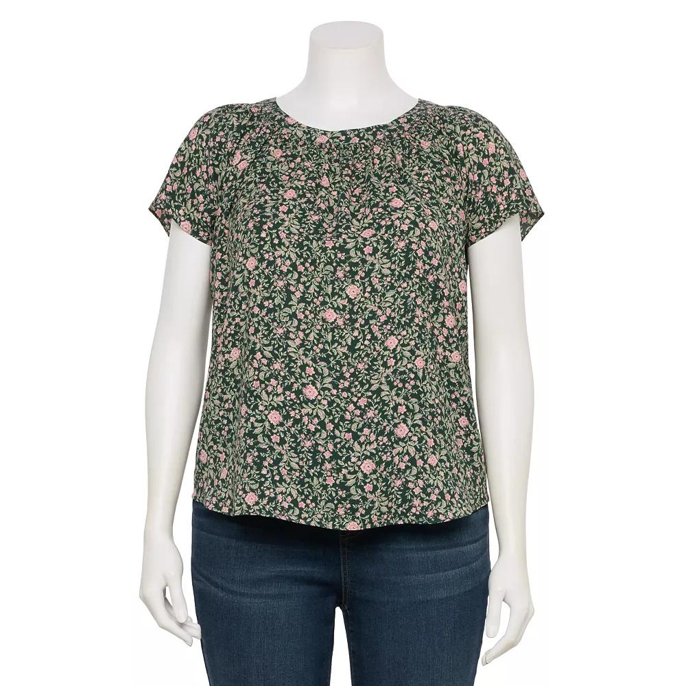 Plus Size LC Lauren Conrad Tie-Front Shirred Neck Top, Women's, Size: 0X, Green Virginia Vines Product Image