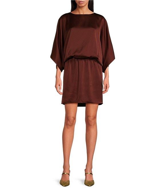 Trina Turk Manhattan Hammered Satin Round Neck 3/4 Dolman Sleeve Sheath Dress Product Image